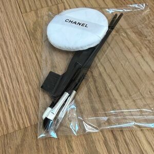 CHANEL Black and Silver Makeup Brush Set with White Puff